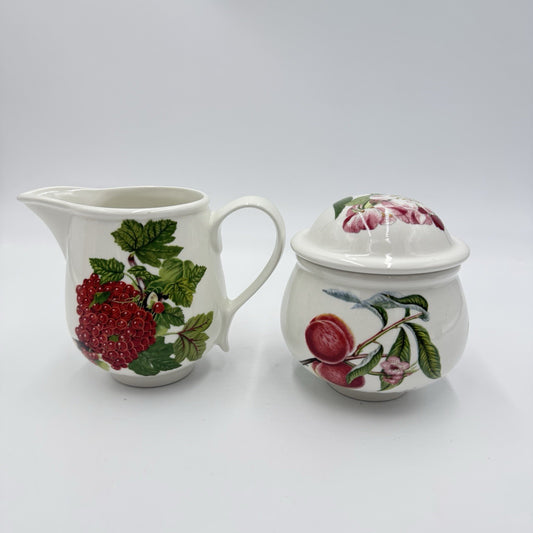 Vintage Portmeirion Pomona English China Creamer & Sugar Bowl Set Floral Fruit