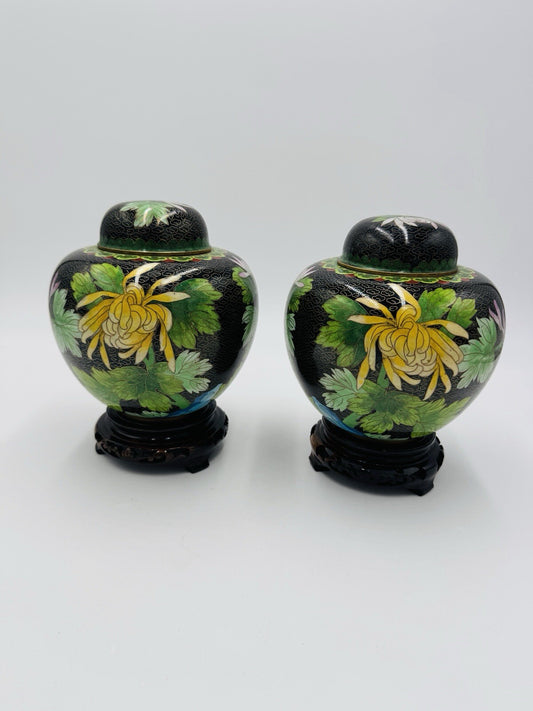 Vintage Cloisonne Brass Enameled Ginger Jar Floral Butterfly Inlay Design 7in