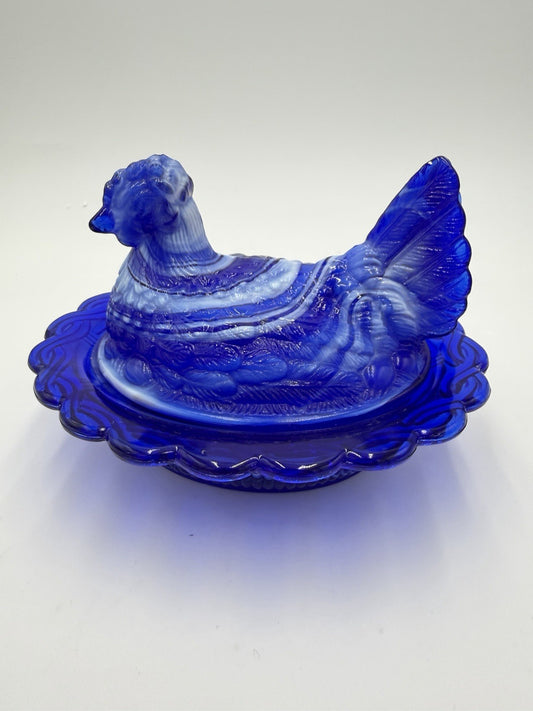 Mosser Art Glass Swirl Hen On Nest 6.5" Cobalt Blue & White Slag Covered Dish