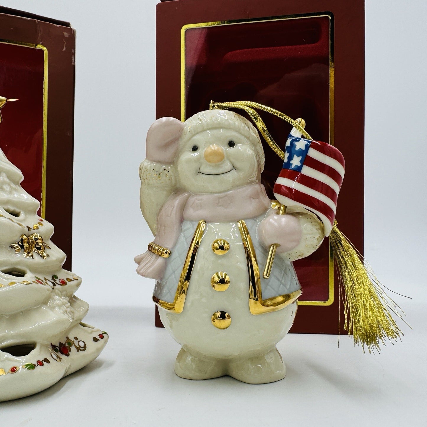 Lenox Porcelain Christmas Tree & USA Flag Snowman Ornaments