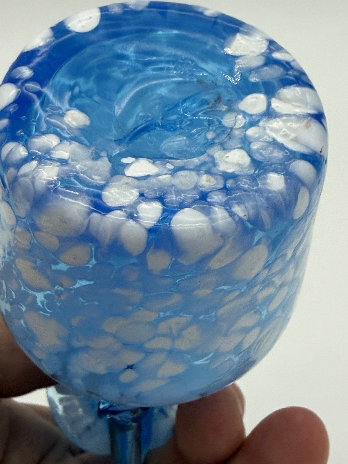 Rainbow Art Glass Cruet Blue Aqua White Spatter Milk Spots W/Stopper Vintage 6”H