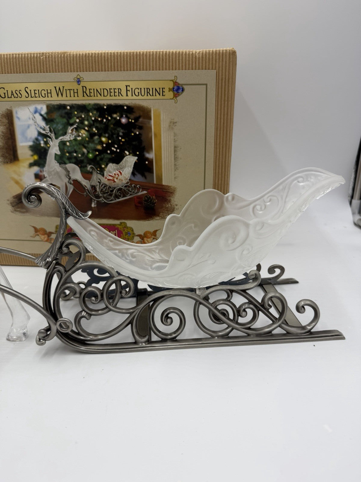 Grandeur Noel Glass Sleigh With Acrylic Reindeer Figurine Christmas Vtg Decor