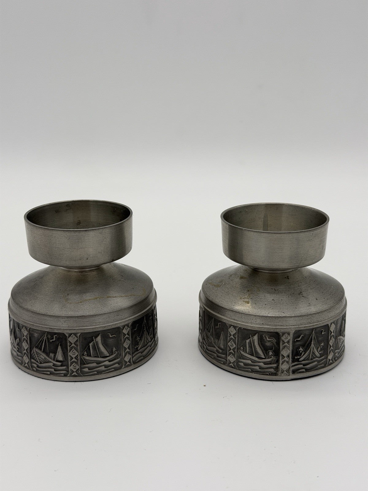 Selandia Norway Pewter Short Candlestick 1960’s Nautical Sailing Boat 2.5”H Pair