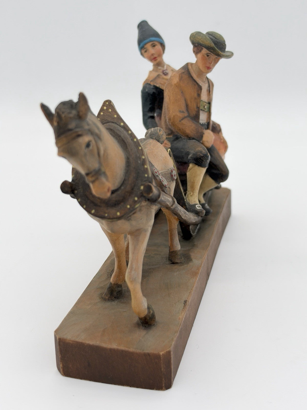 Antique folk art wood carving August Runggaldier Italy  farmers on horse sleigh