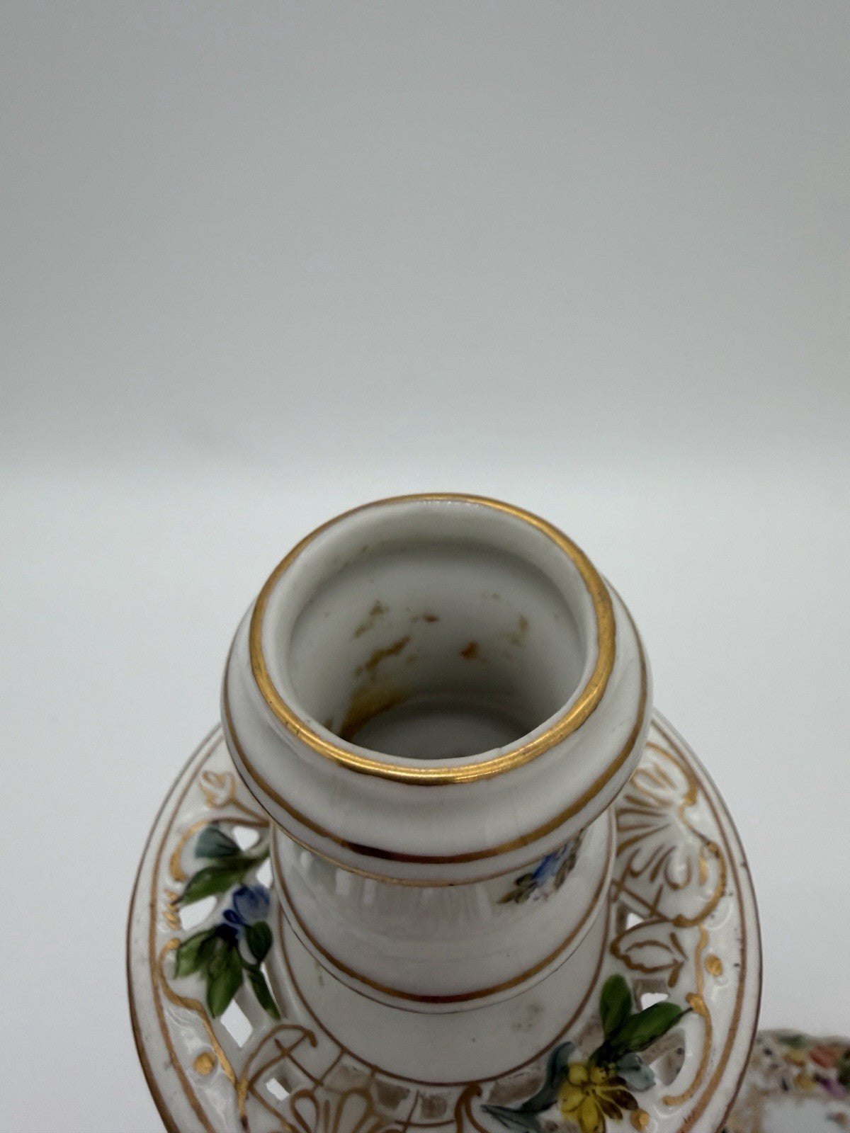 Antique  Dresden Porcelain Carl Thieme Saxony Reticulated 10" Candlestick Floral