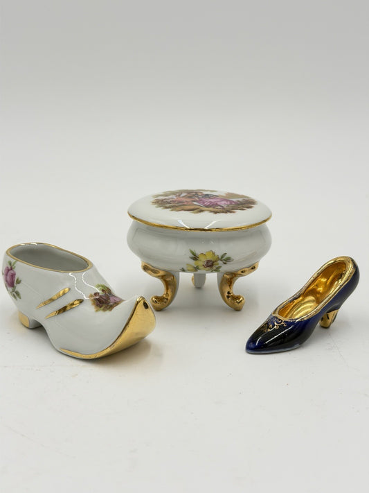 Vintage Limoges Castel France Miniature Victorian Shoes & Trinket Box Porcelain