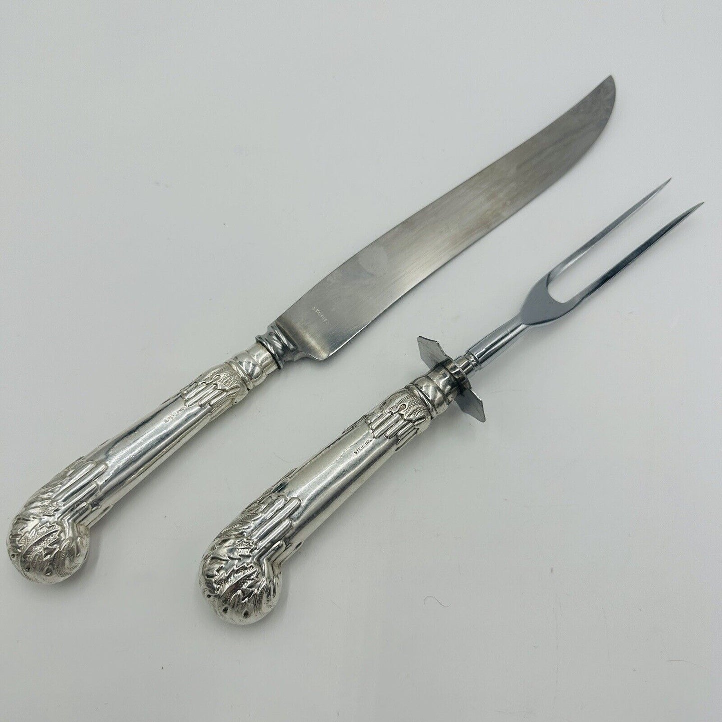 Ambassador Sheffield Knife & Fork Set UK Sterling Silver Handles Carving Art De