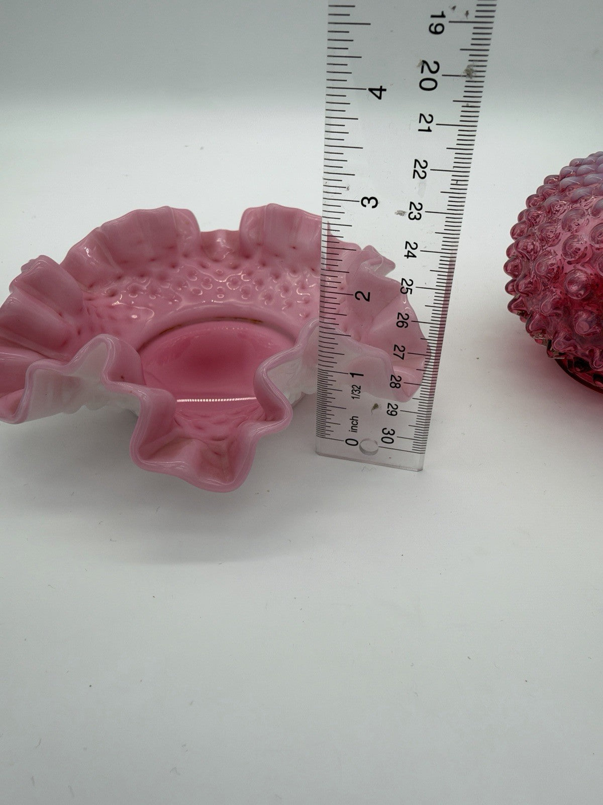 Vtg Fenton Art Glass Cranberry Opalescent Hobnail Ruffled Bowl & Pitcher