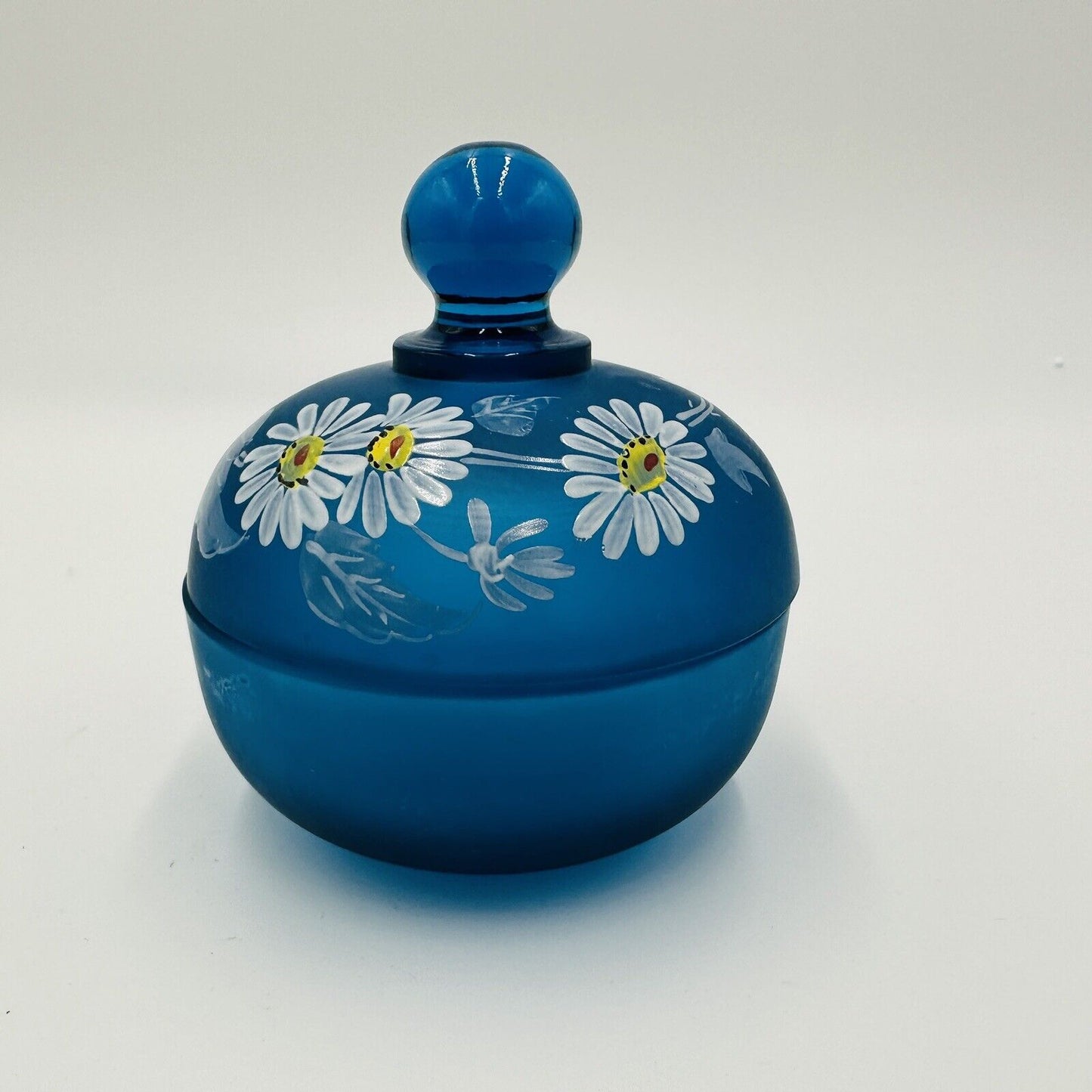 Westmoreland Vanity Dish Blue Satin Glass Lidded Trinket Hand Painted Daisies