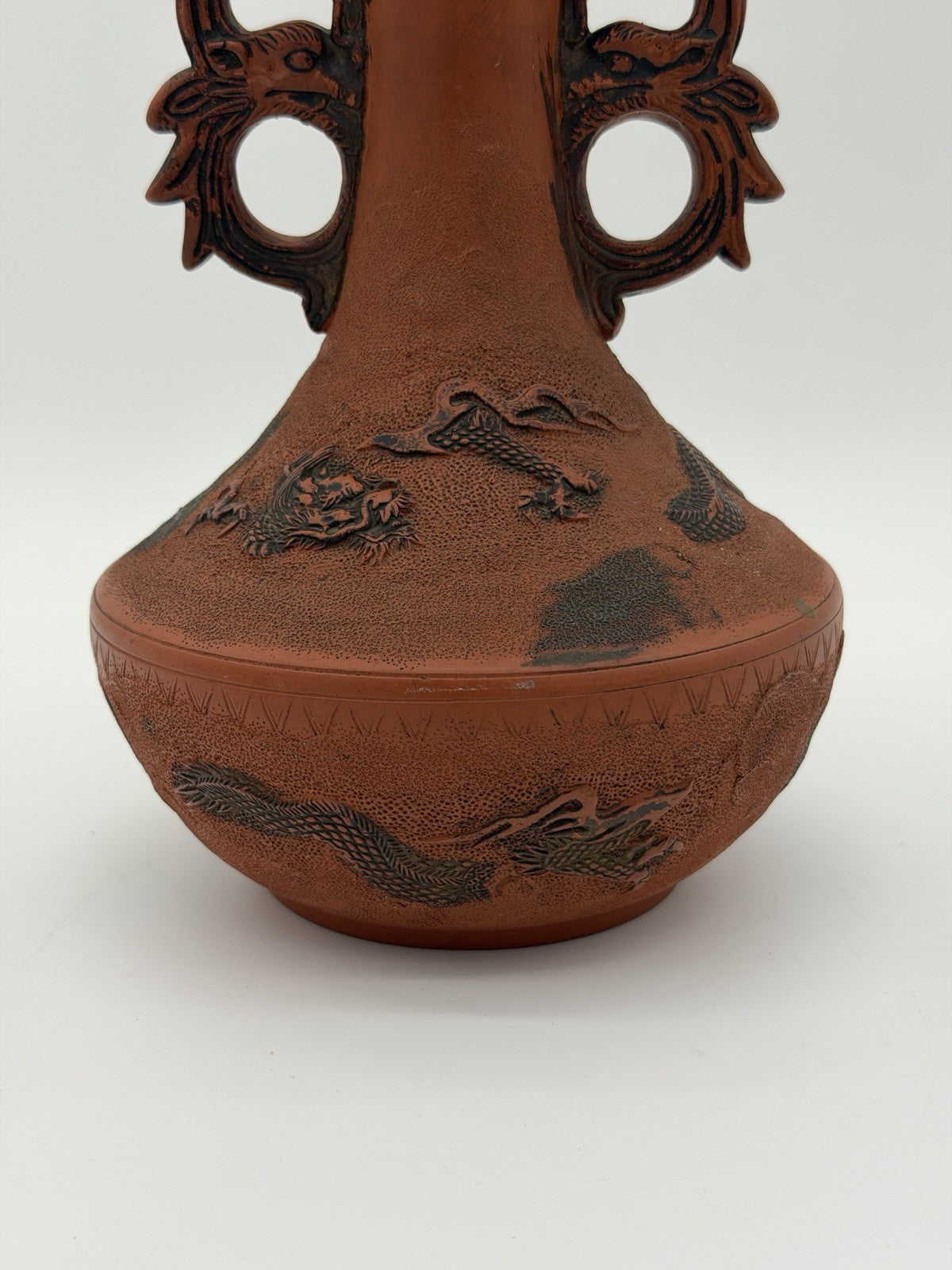 Antique Meiji Japanese Tokoname Terracota   Embossed Dragon Double Handle 10”H