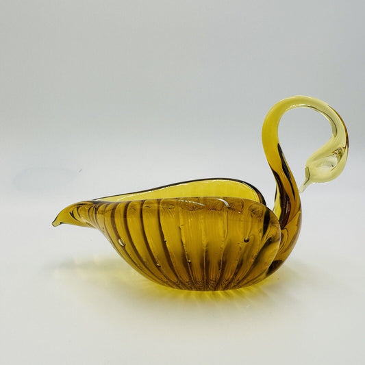 Swan Bowl Glass Figurine Vintage Art Amber Orange Candy Dish Decorative