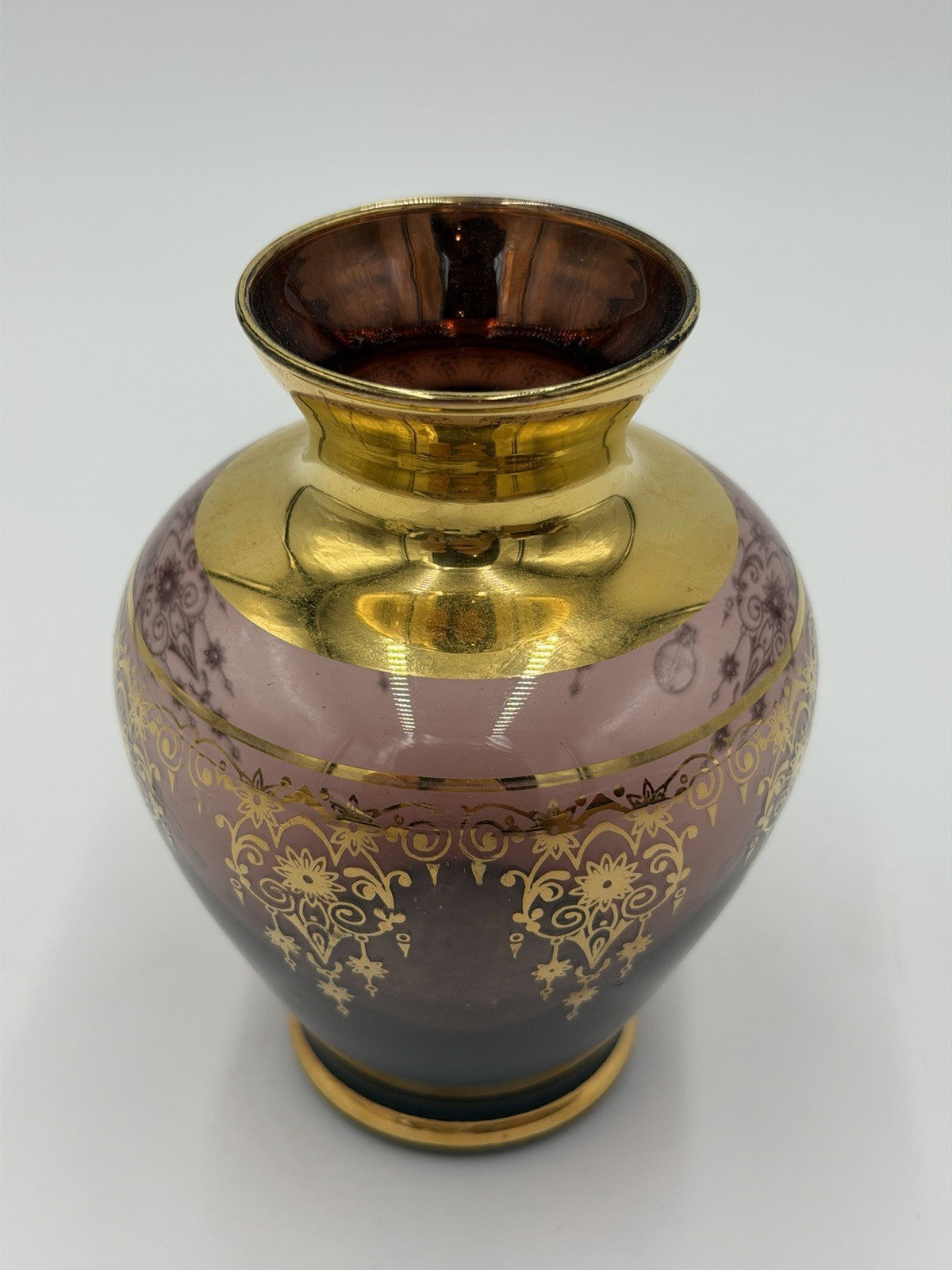 Ferro & Lazzarini Murano Italy Art Glass  Purple Amethyst 22K Gold Inlay 5”H