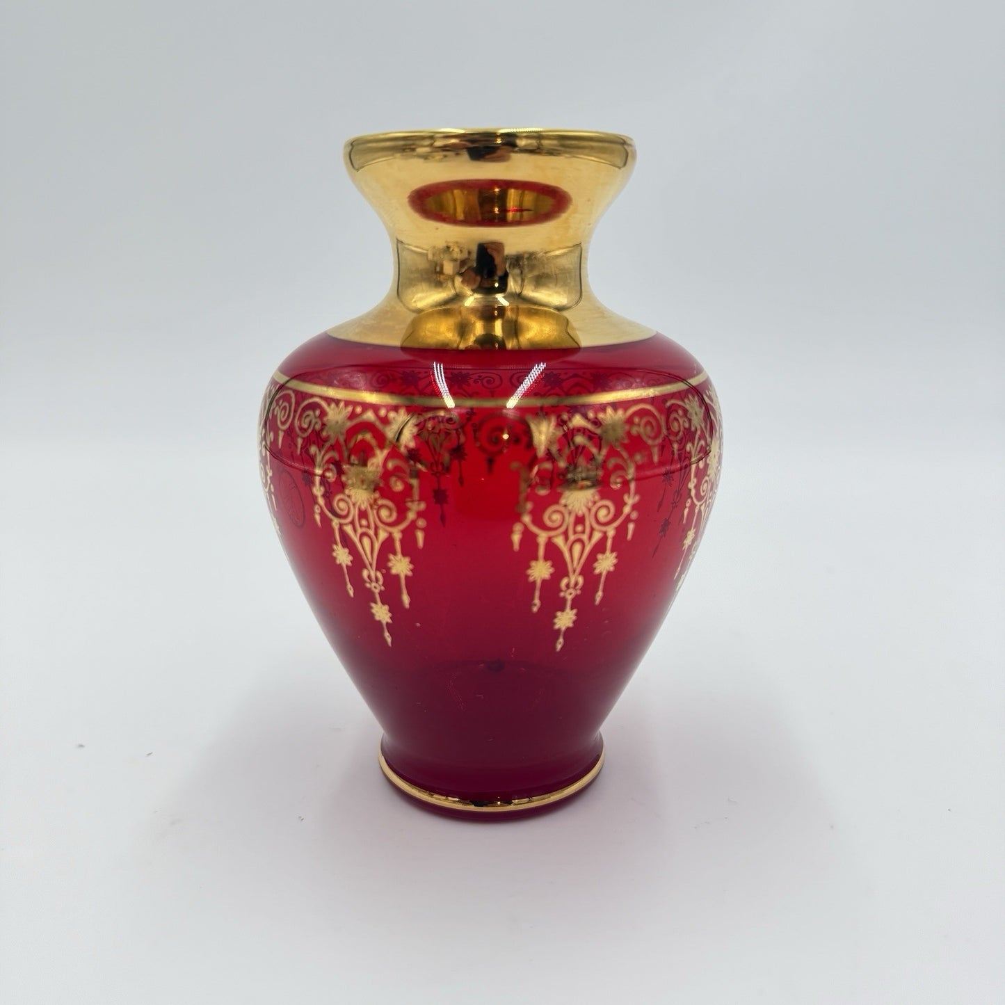 Vecchia Murano Ferro and Lazzarini Ruby Red Glass 22k Gold Leaf Vase Italy Glass