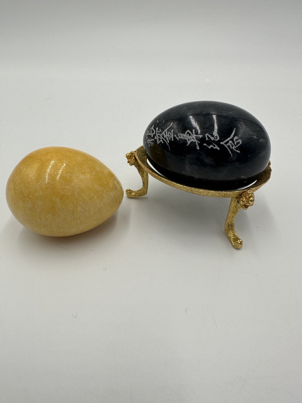 Alabaster Marble Eggs Stone 3in Etching Asian Words Yellow Black Vintage Easter