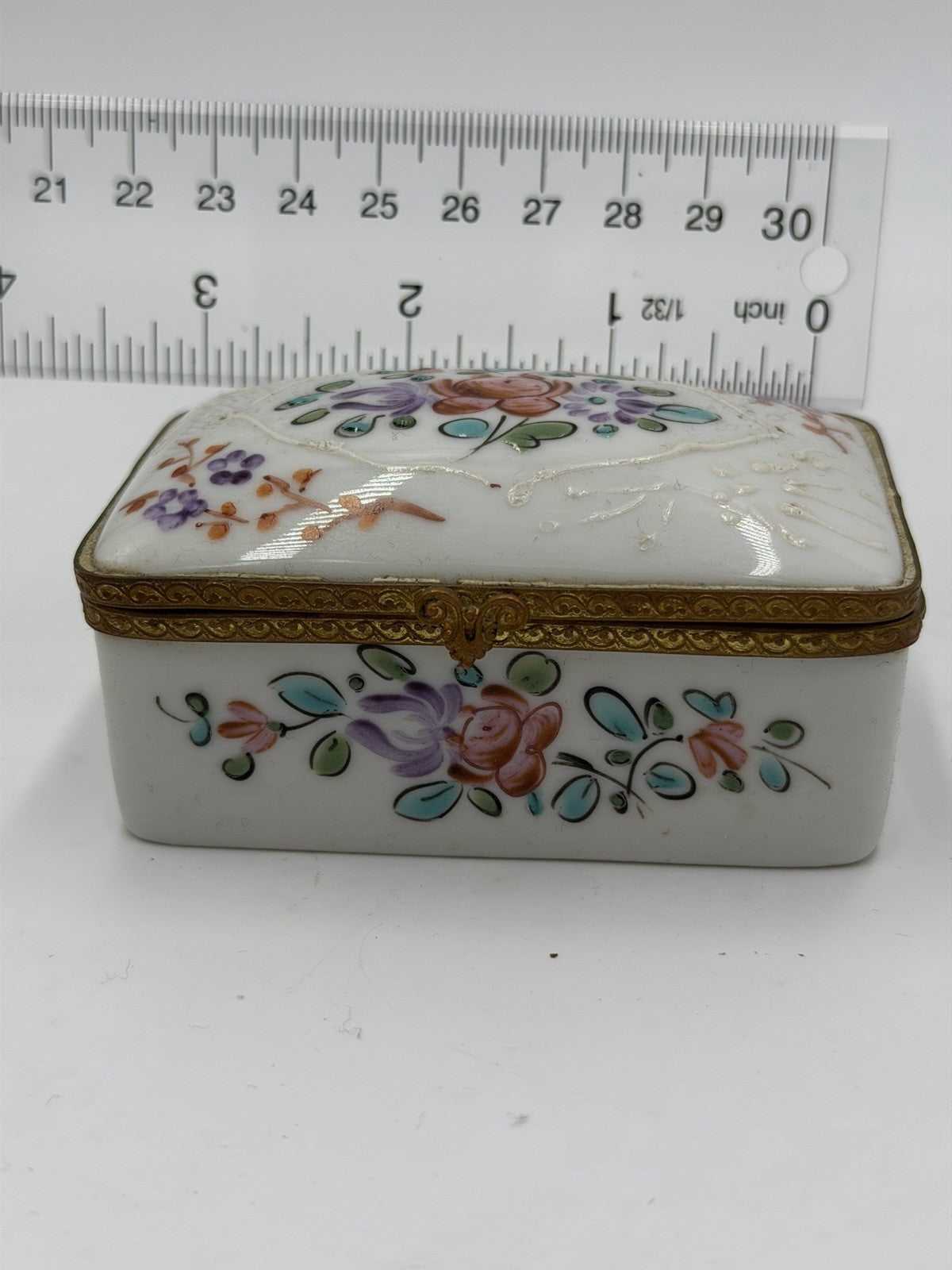 Antique France Made Porcelain Floral Painted Metal Accents Trinket Jewelry Box