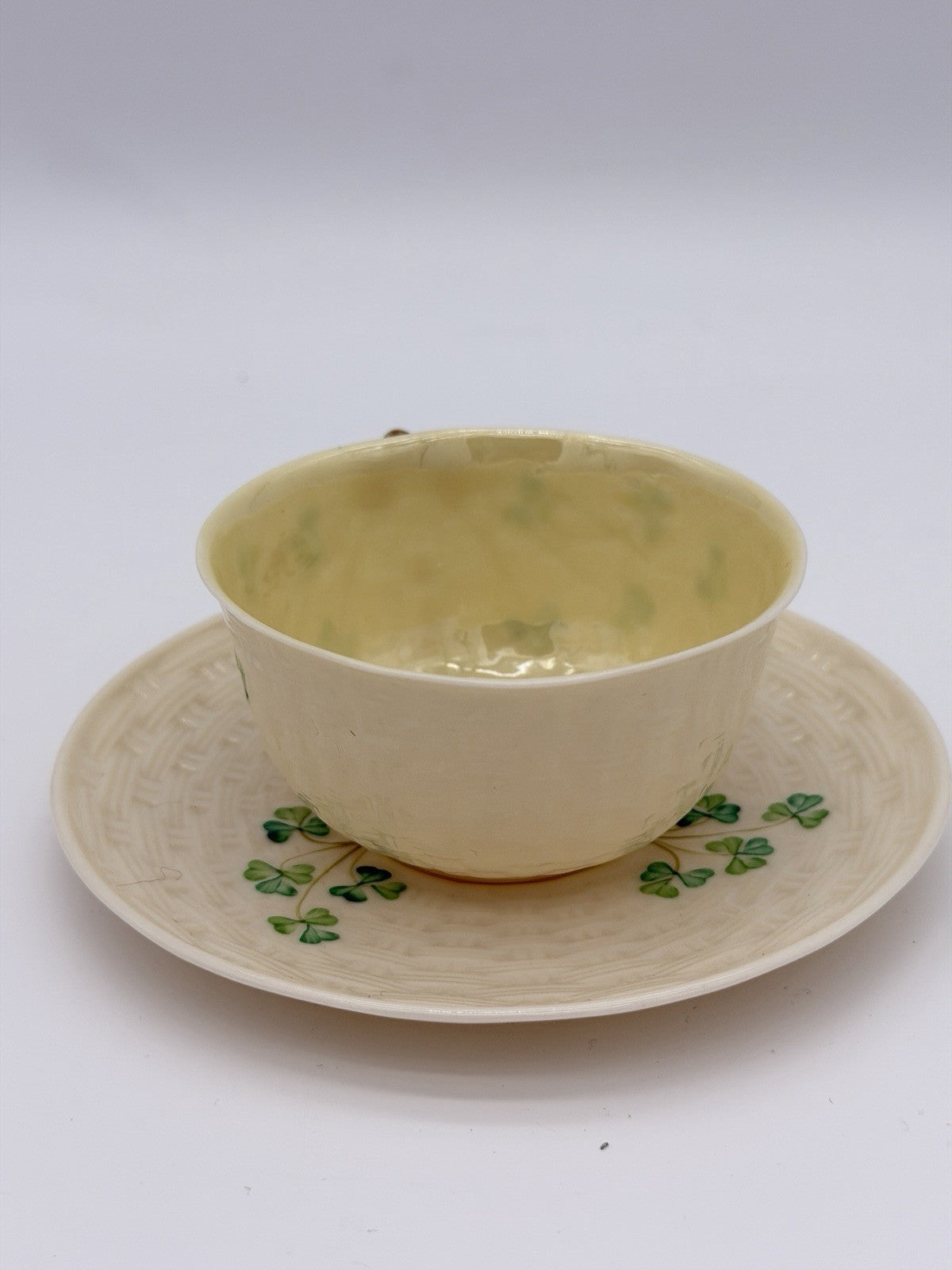 Belleek Ireland Porcelain 2ND GRN/1955 Shamrock Beige Saucer & Teacup Set