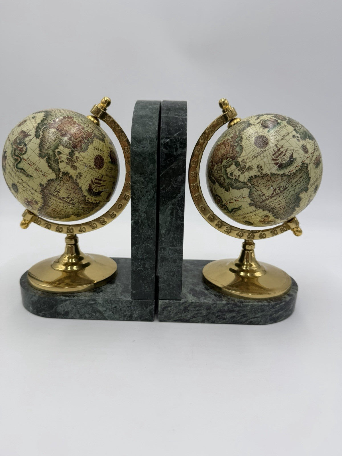 Vintage Marble & Brass Old World Globe Pair Green Gold Bookends 7”Hx9”Lx3”W