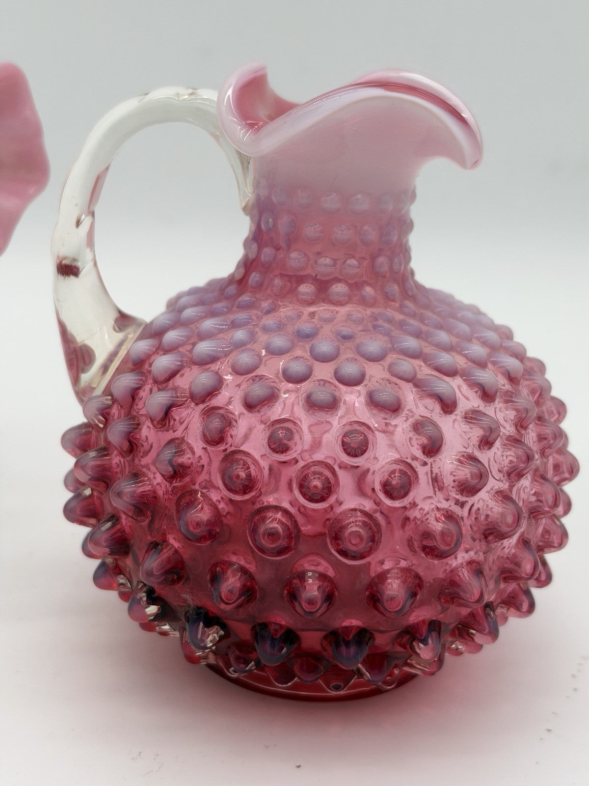 Vtg Fenton Art Glass Cranberry Opalescent Hobnail Ruffled Bowl & Pitcher
