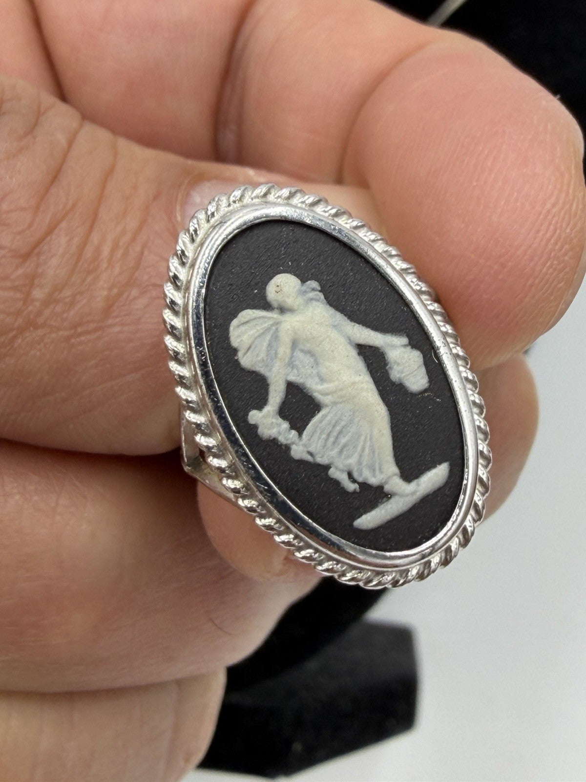 Wedgwood Jasperware Black & Pink Ring Necklace Jewelry Set 2 PCs