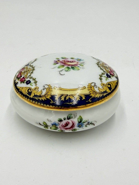 Vintage Imperia Limoges France Floral White/Blue 22K Gold Round Trinket Box