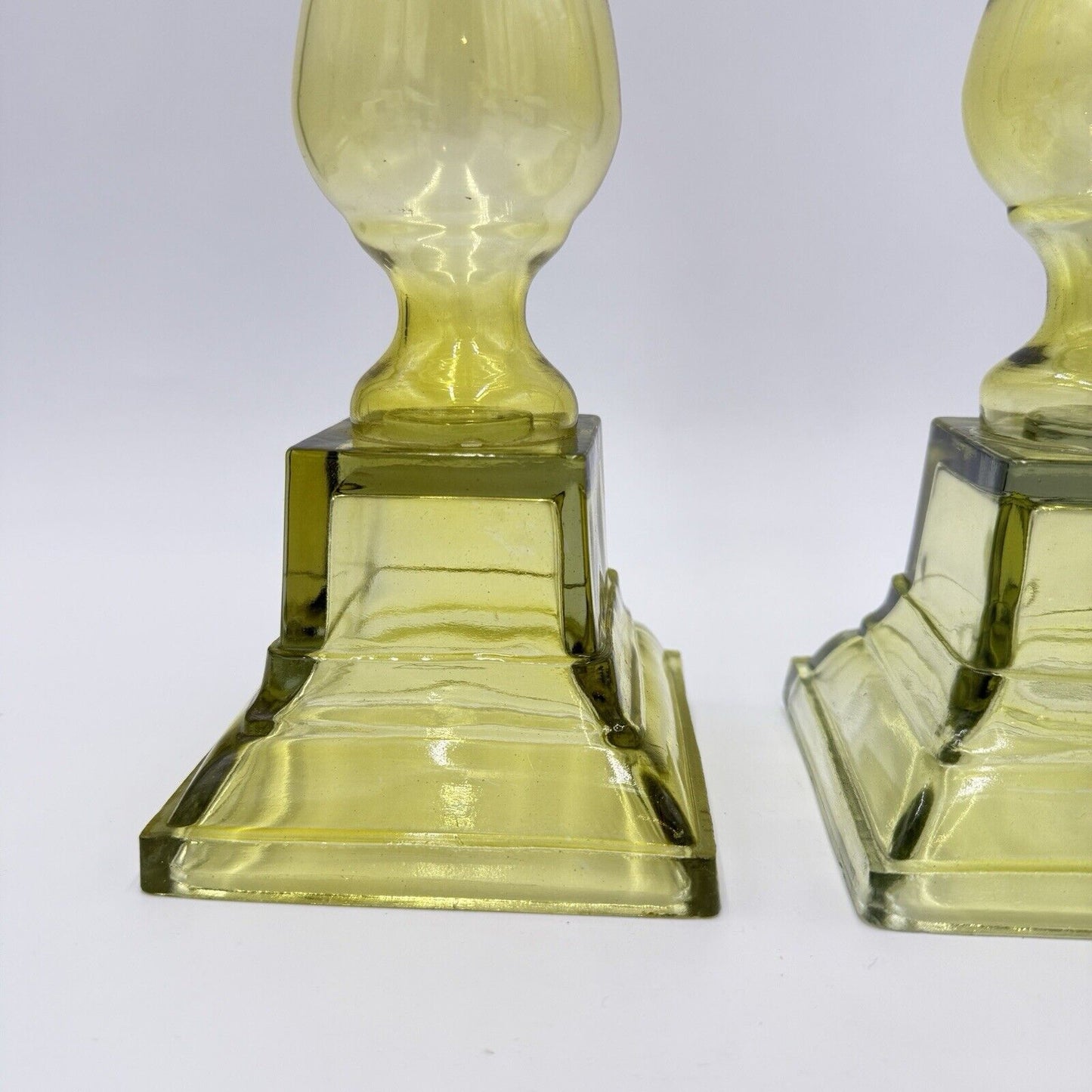 MCM Yellow Art Glass Candle holders By Lazy Susan Square Base Round Top 2