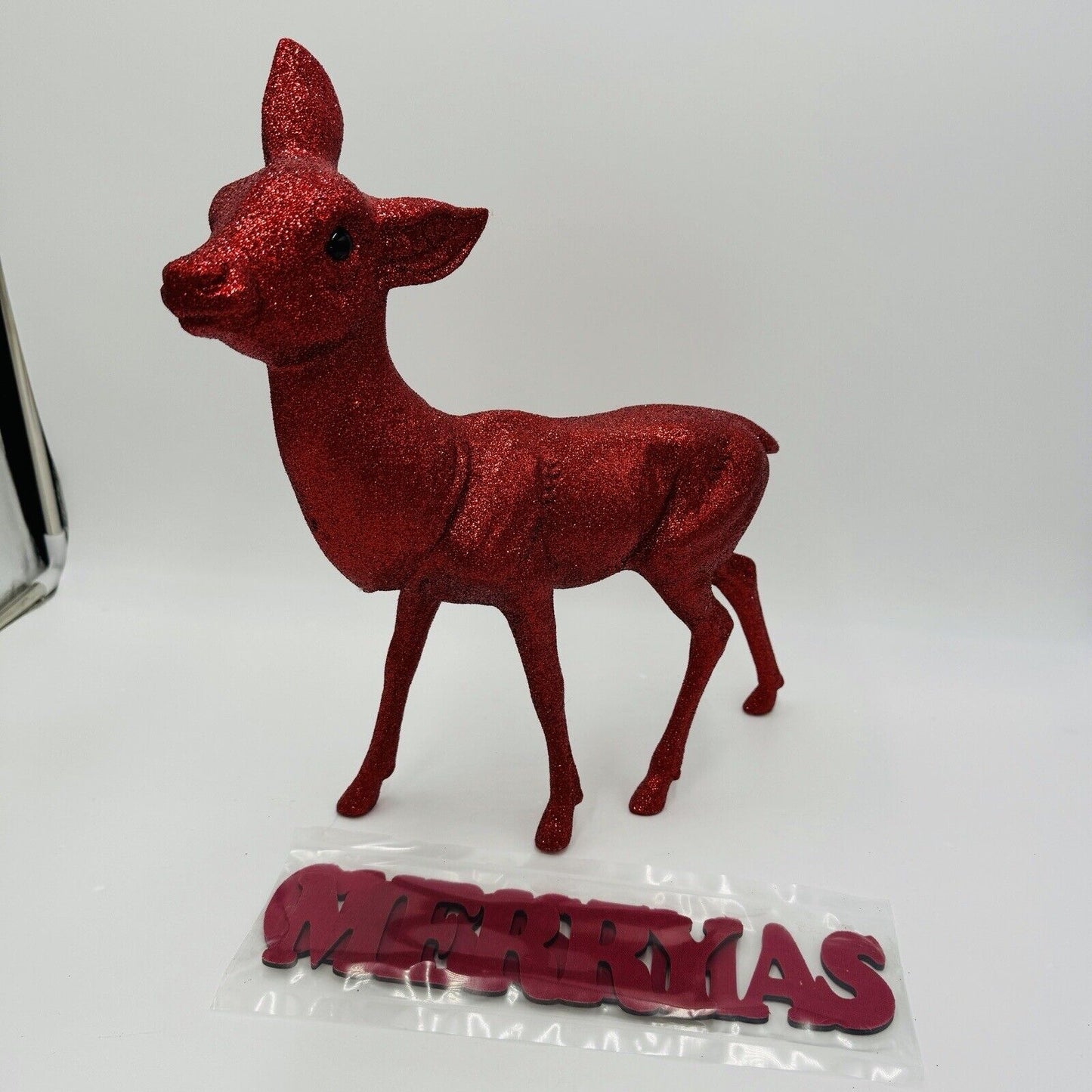 Inscha Deko Handwerk Red Glitter Reindeer Germany Christmas Figures 15in Vinta