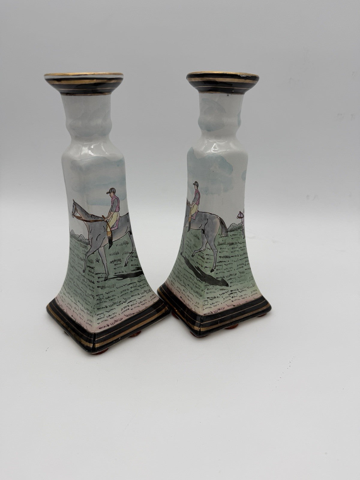 Vintage Chinese Equestrian Hand-Painted Porcelain Candle Holder by Nieman Marcus