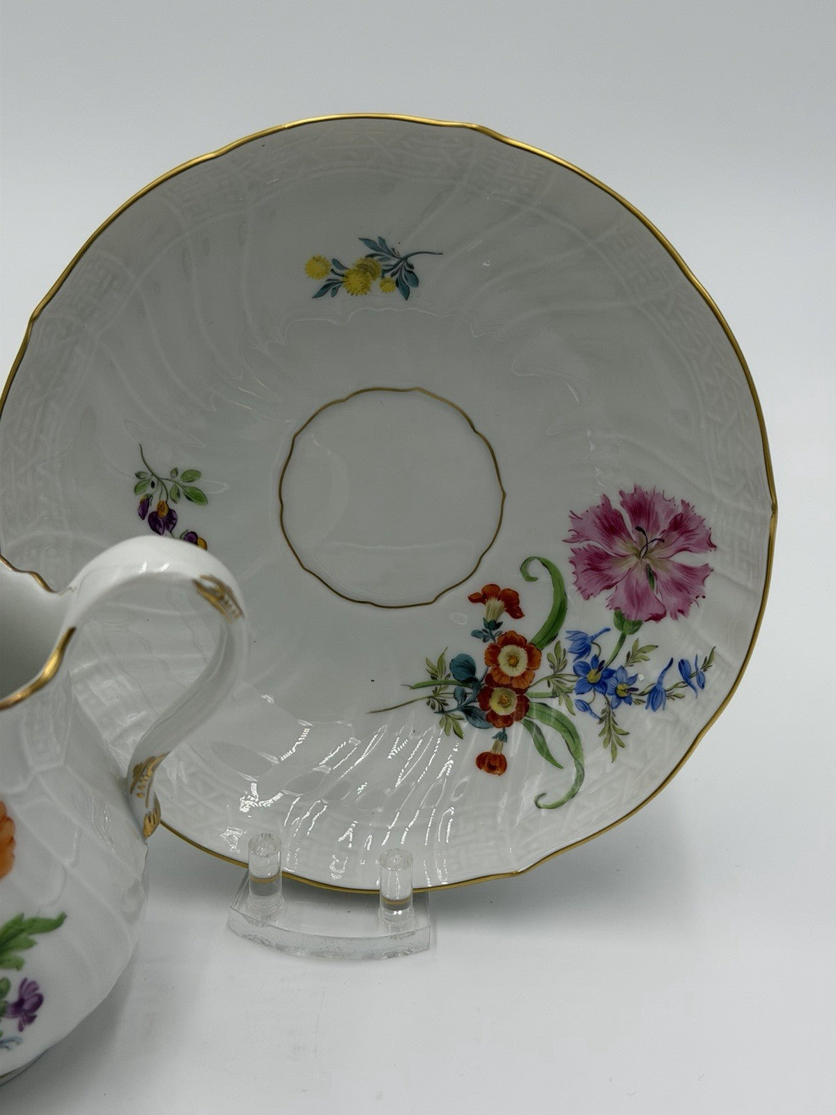 Antique Meissen Neubrandenstein Germany Porcelain Creamer & Saucer Set Floral