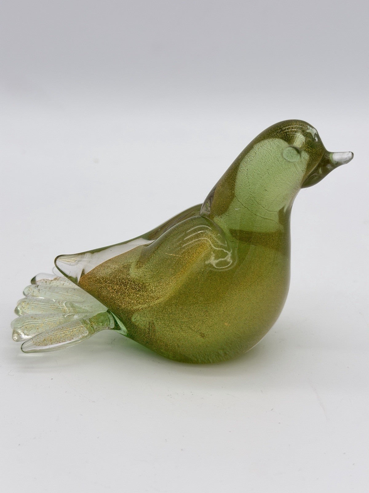 Formia Murano Italy Art Glass Green & Gold  Flecked Bird Hand Blown Figurine
