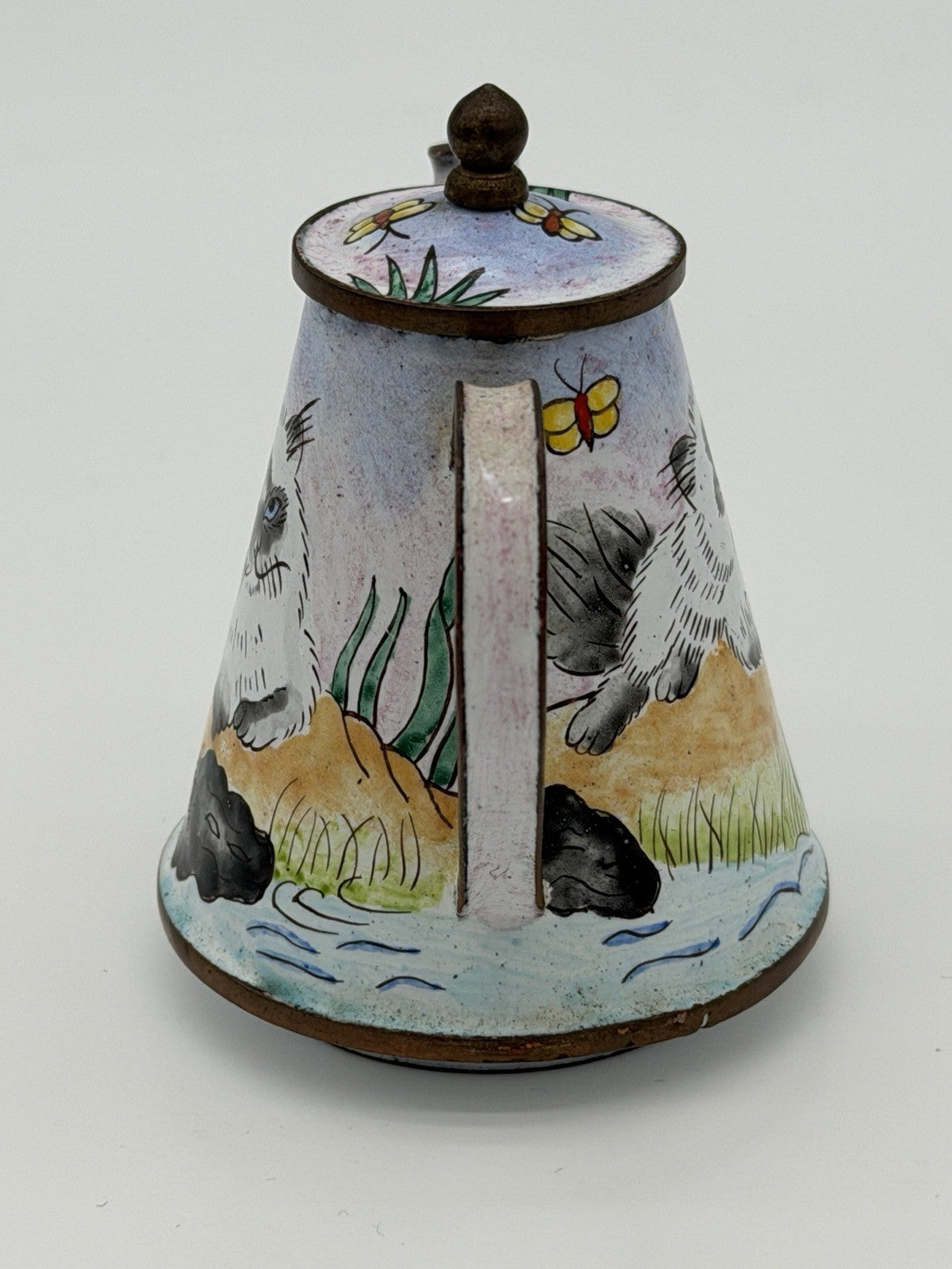 Vintage Kelvin Chen Enameled Hand Painted Cat Miniature Tea Pot 3.5”H Rare