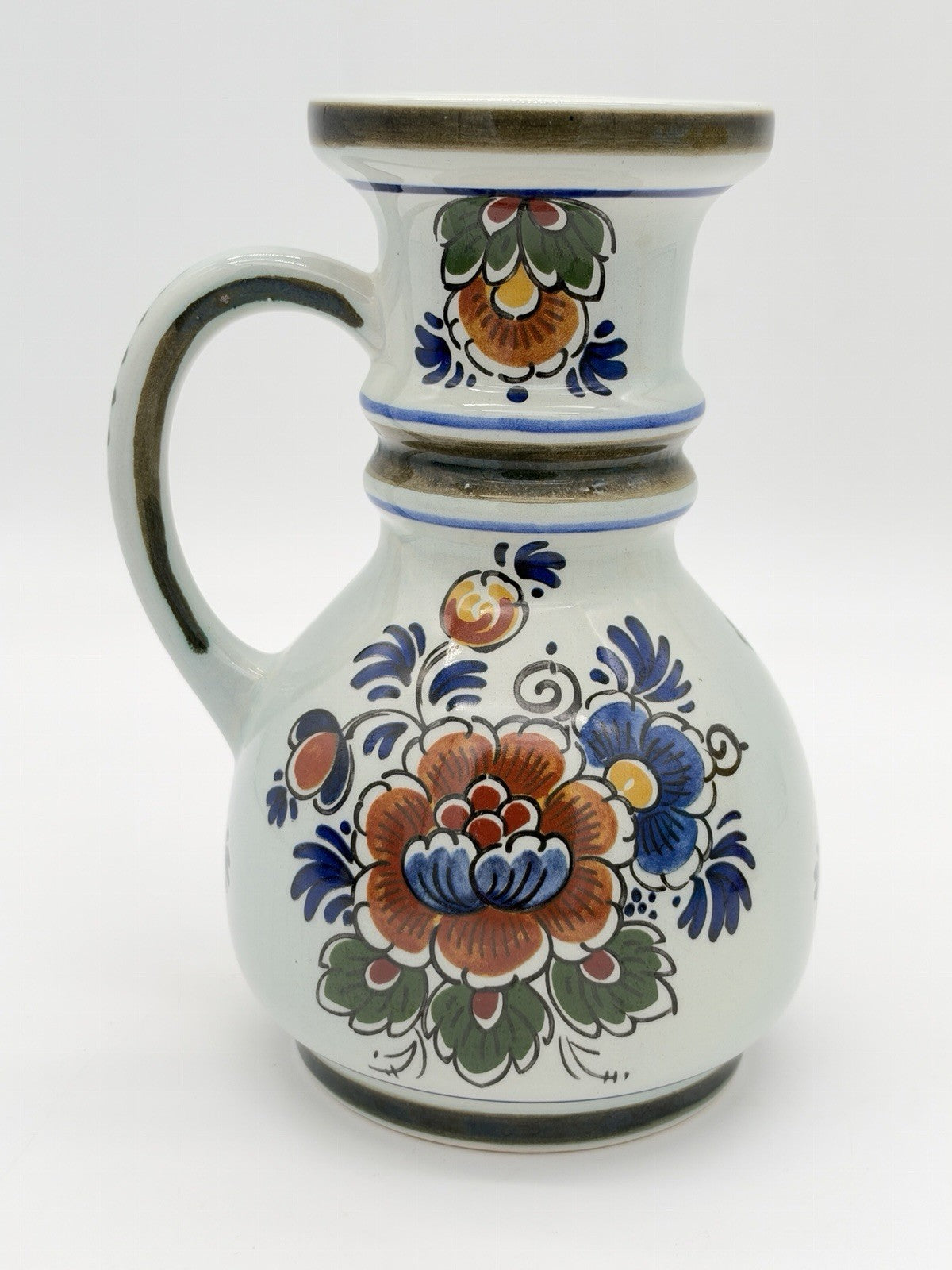 Delft Dutch Art Pottery Polychroom Pitcher Hand-Painted Floral Ceramic Vase 6”