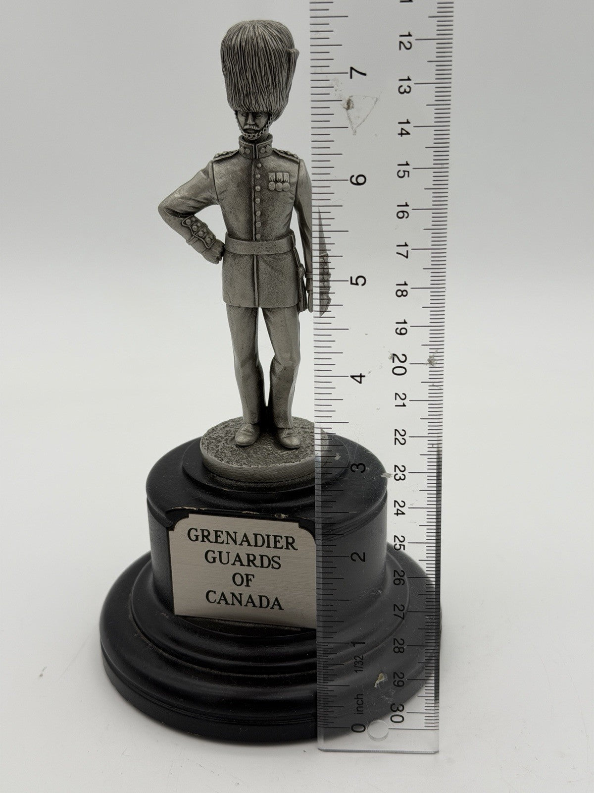 Vintage Pewter Grenadier Of Canada On wooden base soldier figurine Sculpture 7.5