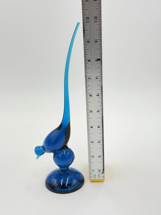 Viking Art Glass Epic Long Tail Bird Blue Bluenique 10”H MCM Vintage