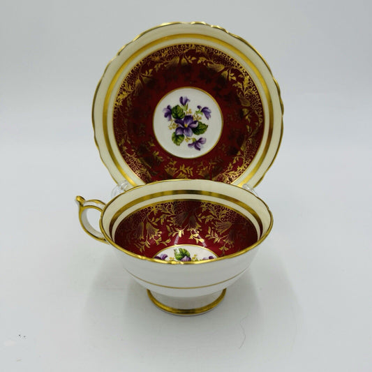 Rare Paragon Red Gold Lace Floral England Bone China Tea Cup Saucer Gold