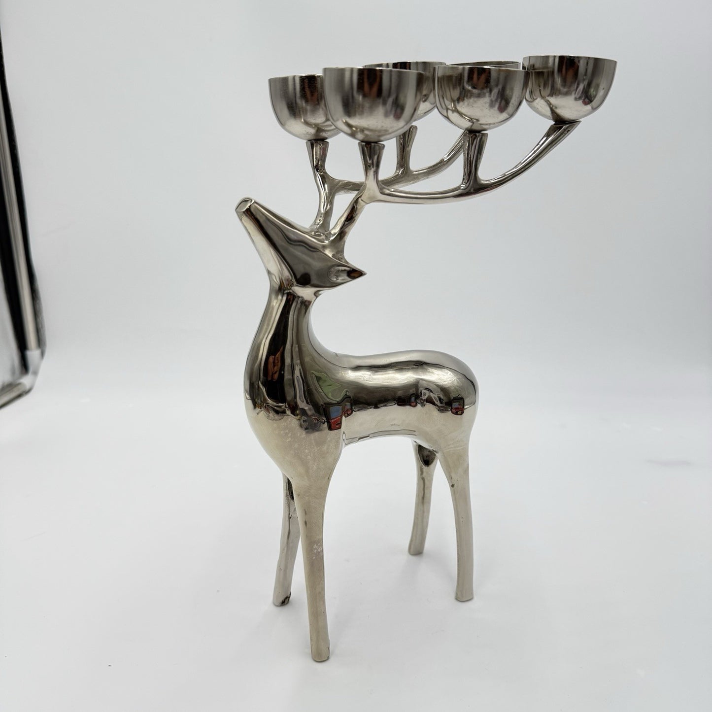 Pottery Barn Reindeer Silver Tone Holiday Votive Candelabra 12”x 7” Candle Holde