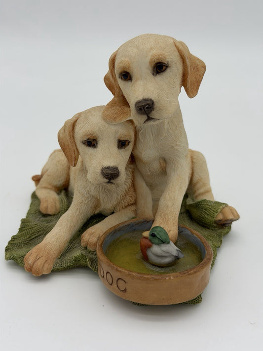 Country Artists England Yellow Labrador Pups W/Dog Bowl Painted Dog Figurine 4”