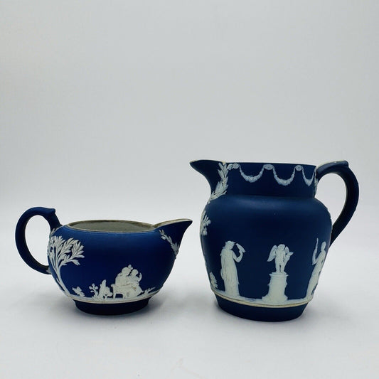 Antique Wedgwood Dipped Blue Pitchers England Jug Creamer Embossed Small