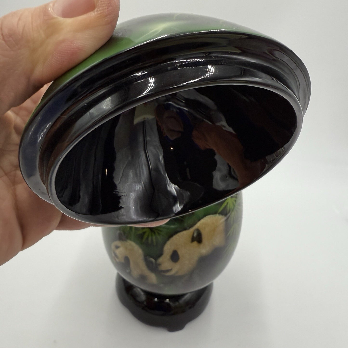Lacquer Box Panda Bear Vtg wooden hand painted trinket box 7.5"x4" base