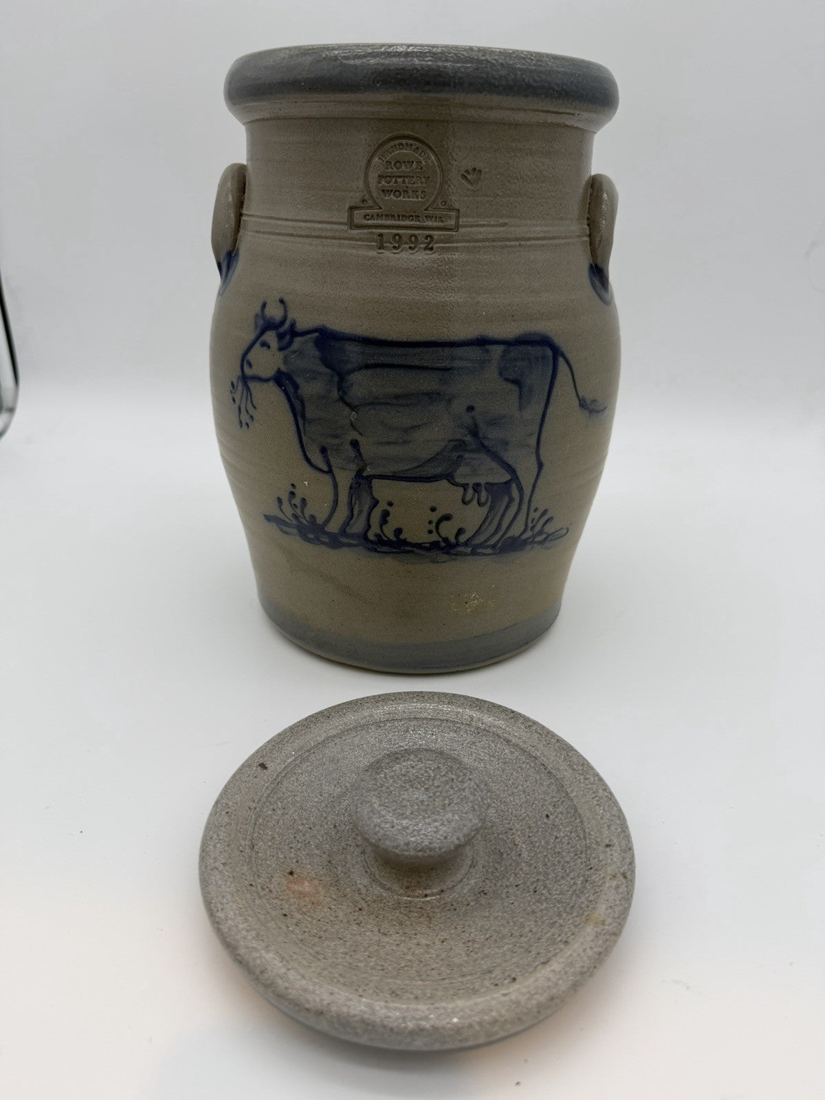Rowe Pottery Works Lidded Canister Cow Salt Glaze Stoneware 10.75” Gallon 1990