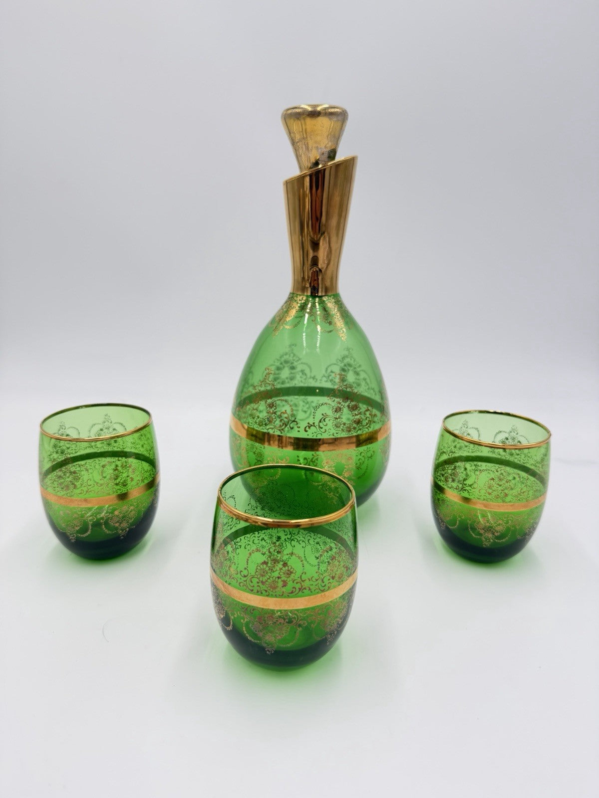 Vintage Murano Art Glass Italy Ferro & Lazzarini Decanter Set Green Emerald 4 Pc