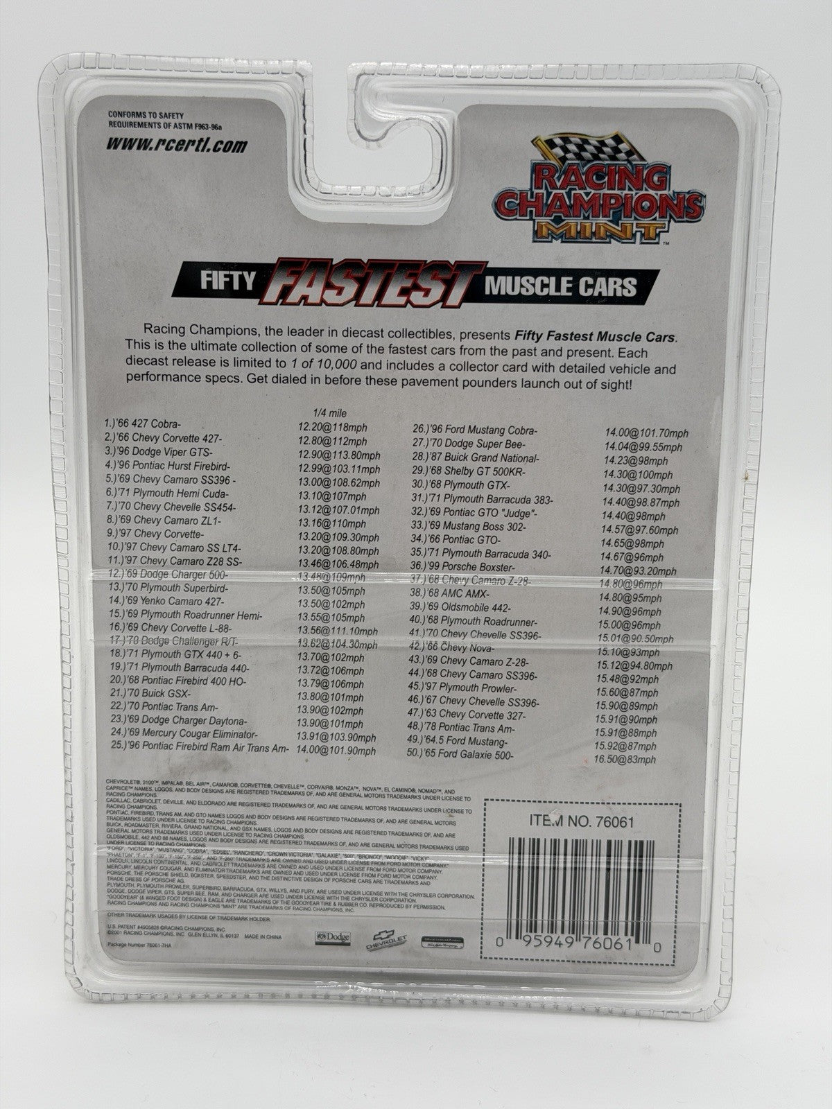 Racing Champions Mint Fifty Fastest Muscle Cars 63 Chevy Corvette Black Sealed