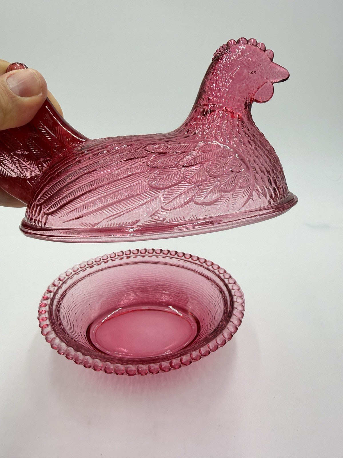 Vintage Indiana Art Glass Chicken /Hen on Nest Covered Dish Cranberry USA Rare