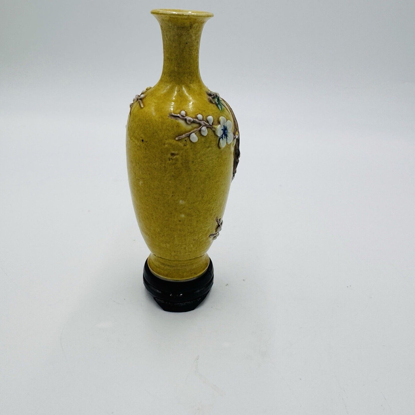 Antique Chinese Yellow Qing Dynasty Plum Blossoms Floral Mini Vase 5”