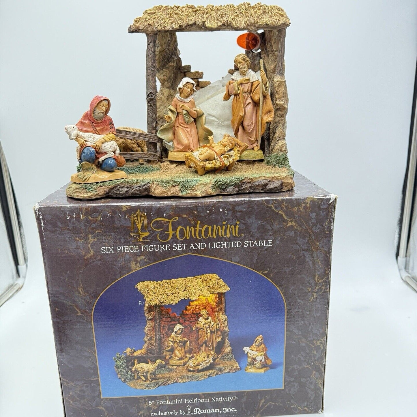 Fontanini 2001 5” Heirloom Nativity 6 Piece Italy & Lighted Stable # 54503 COA