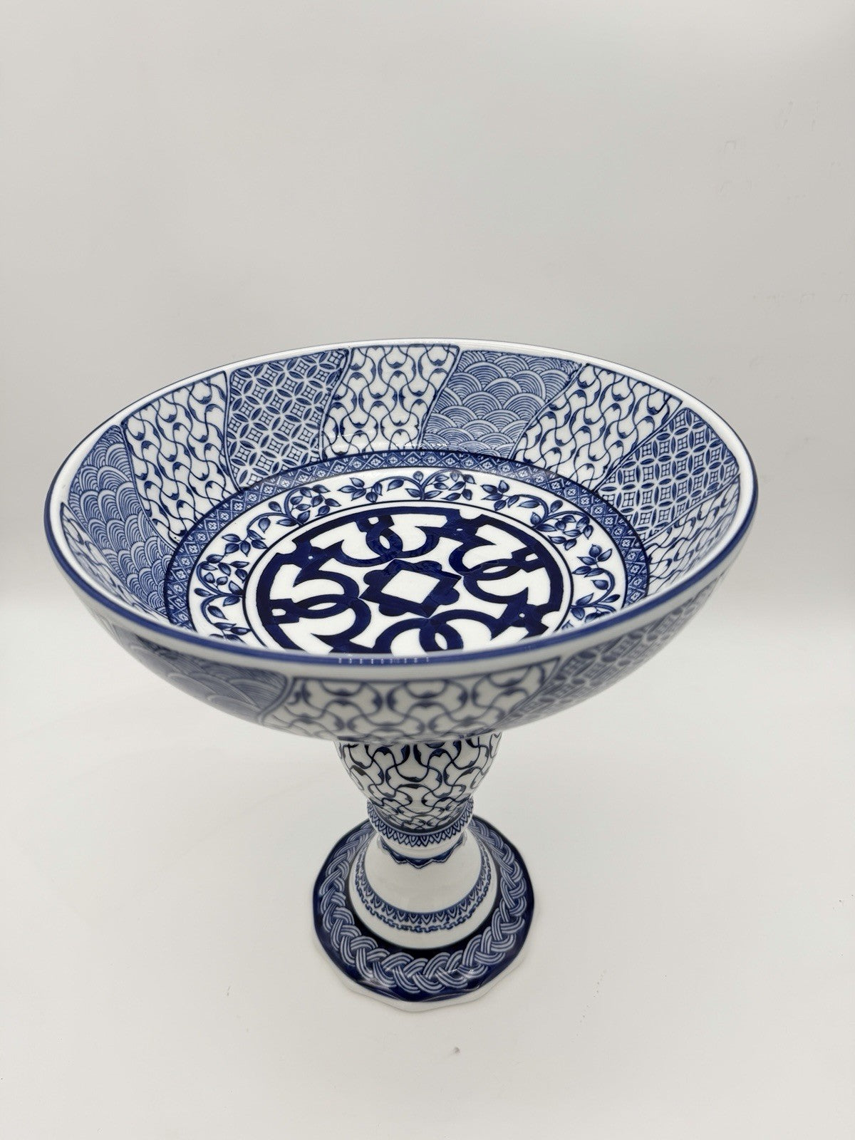 Bombay Company Blue & White Porcelain Compote Pedestal Bowl Footed 12”H X11”w