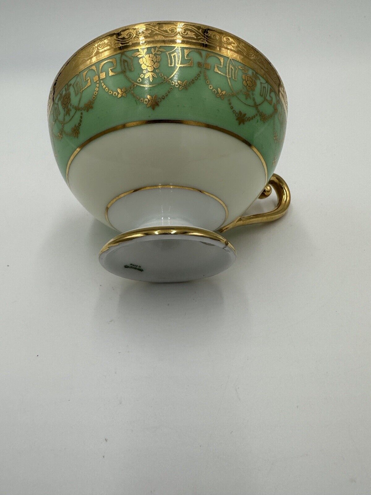 Czchoslovakia Bohemia Teacup Footed 24K Gold Encrusted Green Serveware  Porcelai