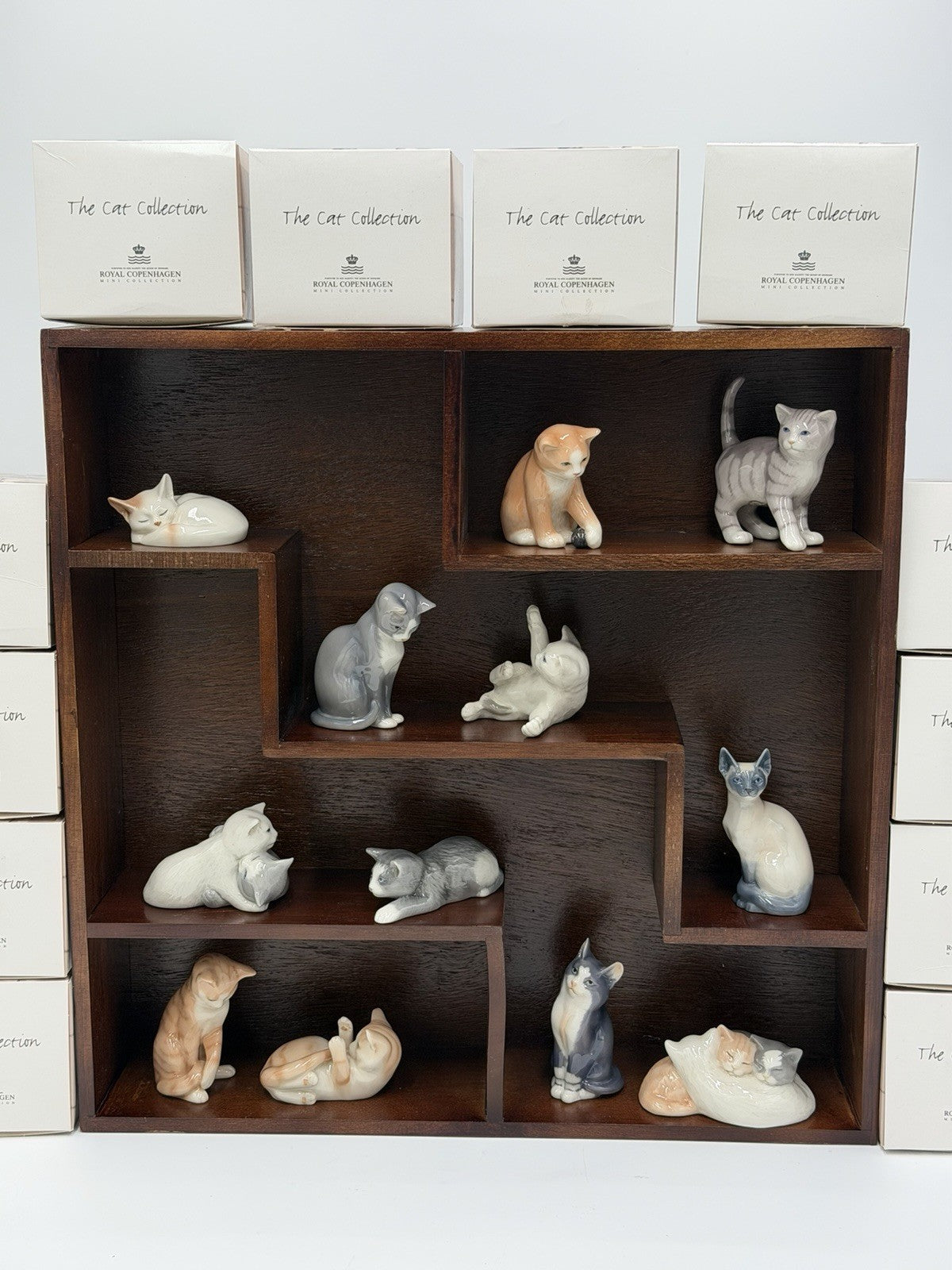 Royal Copenhagen Denmark Porcelain Cat Collection Mini Figurines Wood Shelf