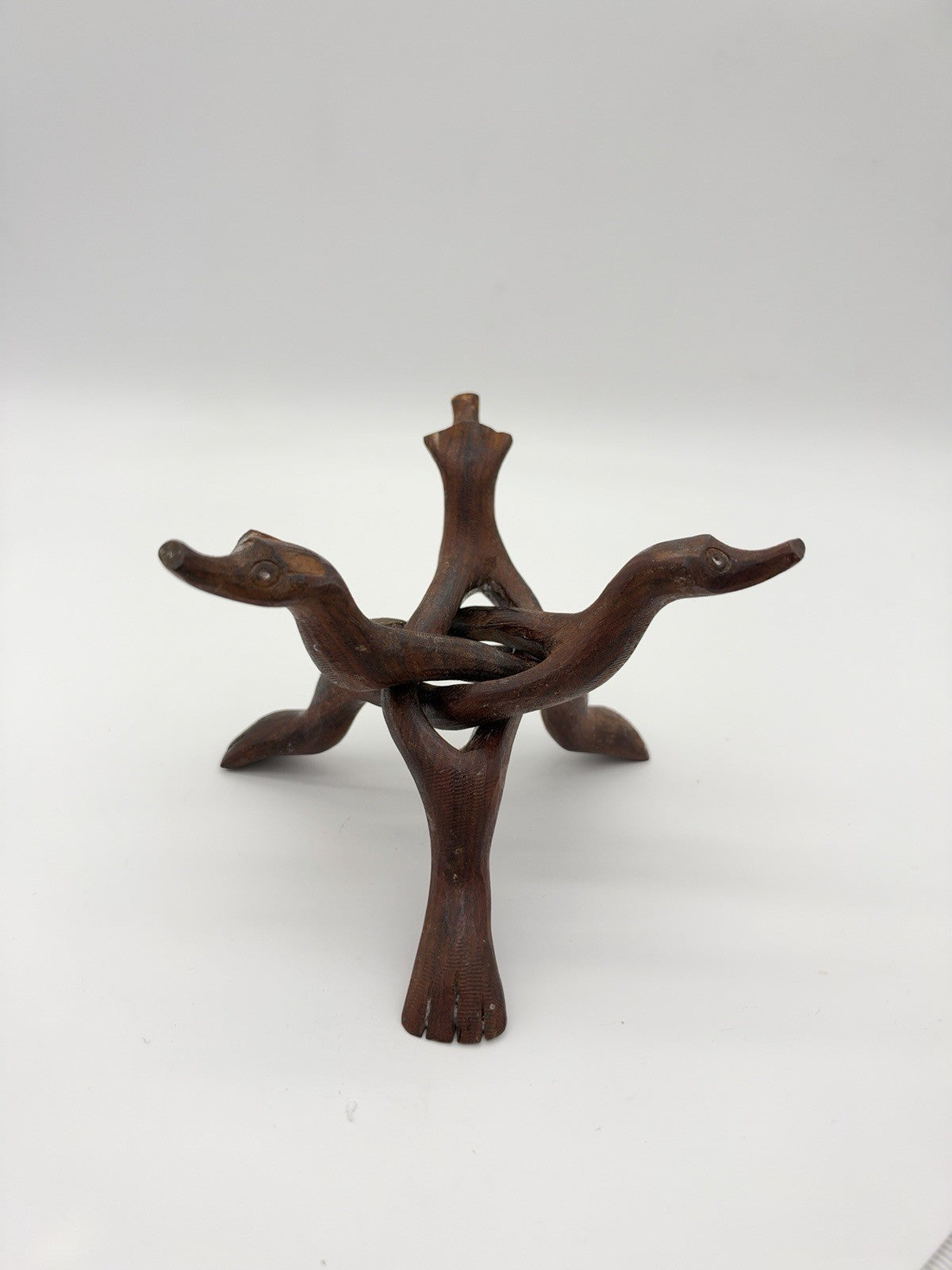 20th Century Boho Chic Hand Carved Wood Bowl Stand Snake Head 5”H