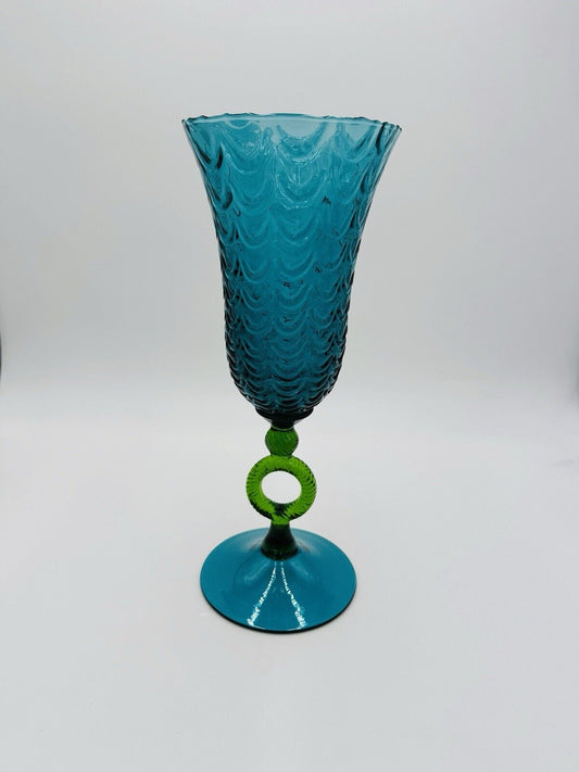 Italian EMPOLI DRAPED Optic Glass Ring Stem Vase Compote Aqua Blue Green Ring