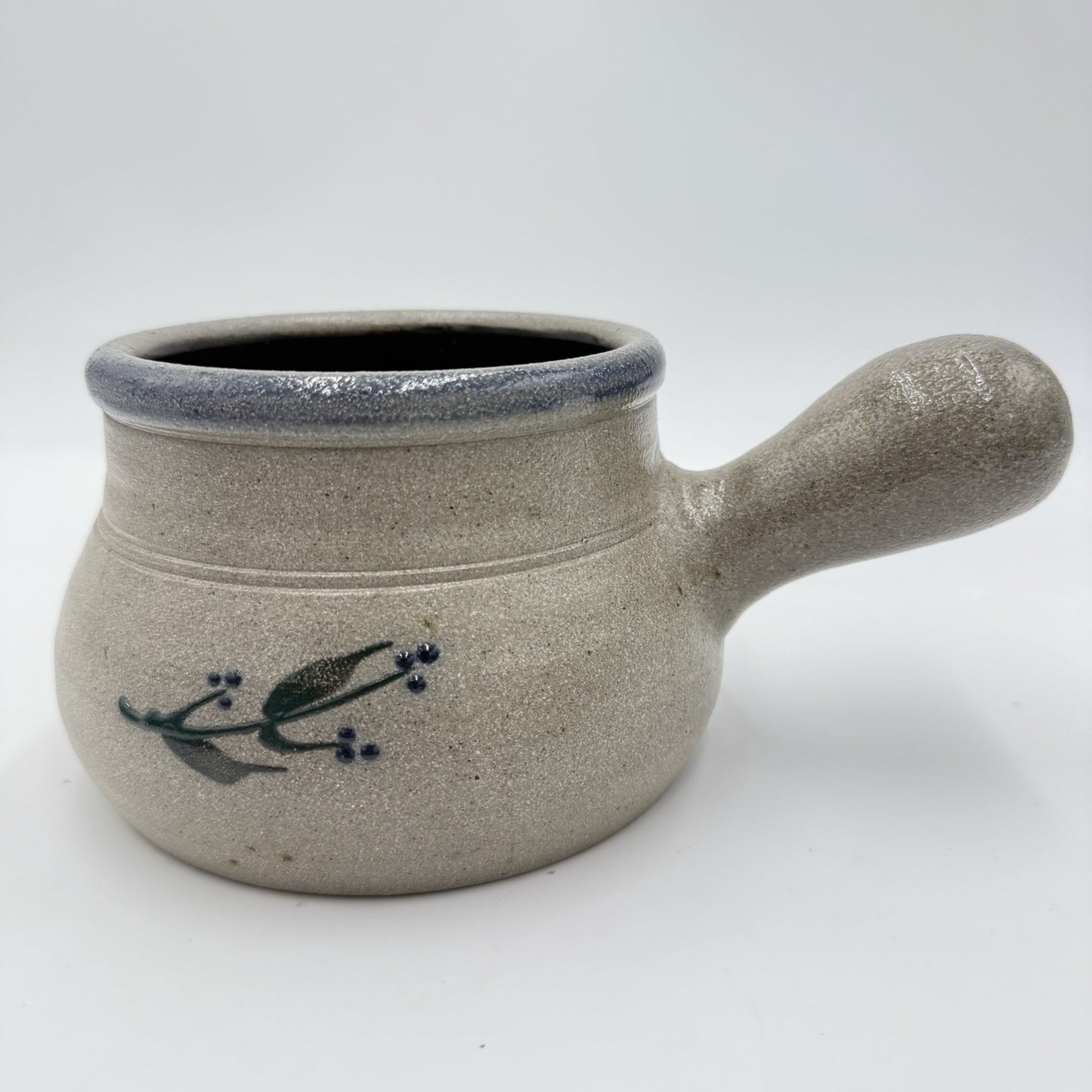 Rowe Pottery Works Salt Glazed Soup Crock Bowl Salt Glaze Blue Floral Design 9in